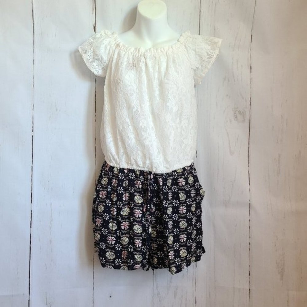 Miss Morena Navy off the shoulder Short Romper boho vacation vibes lace